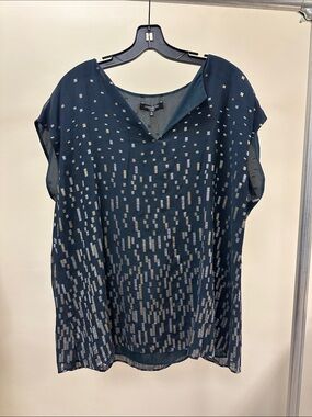 Lafayette 148 New York Navy Blouse with Silver Foil Rectangles